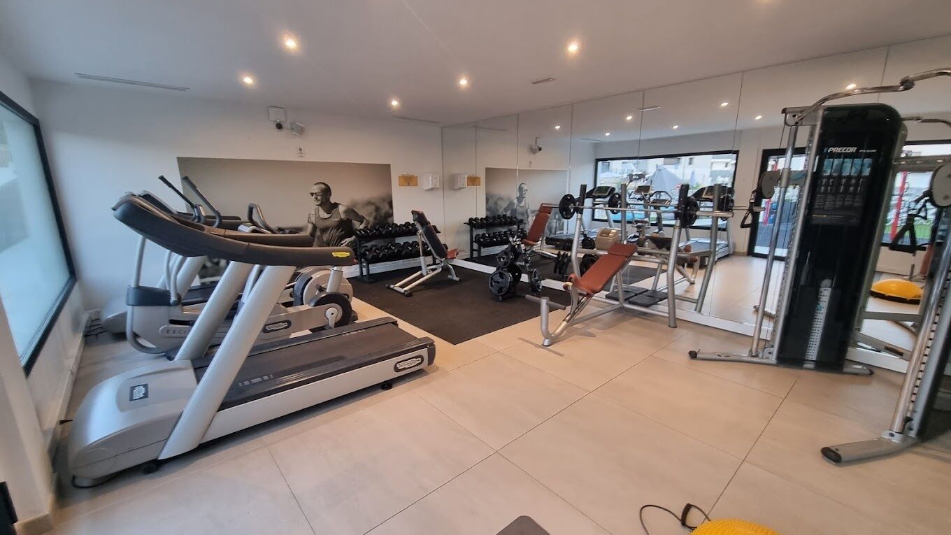 A gym with treadmills, weight machines, and free weights.
