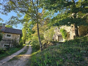Ein rustikales Steinhaus mit einem Feldweg, der zu einer Holztür führt.