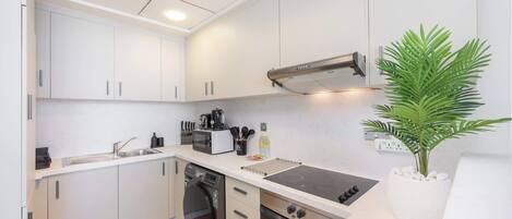 Fridge, microwave, stovetop, toaster