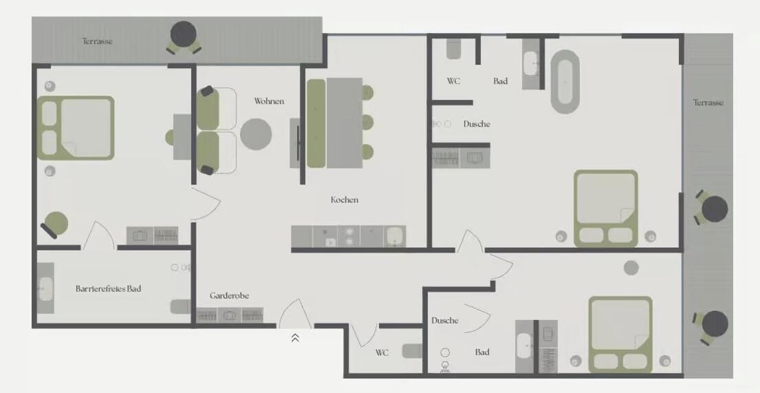 A hotel floor plan with a terrace, living room, kitchen, two bathrooms, and a garden area.