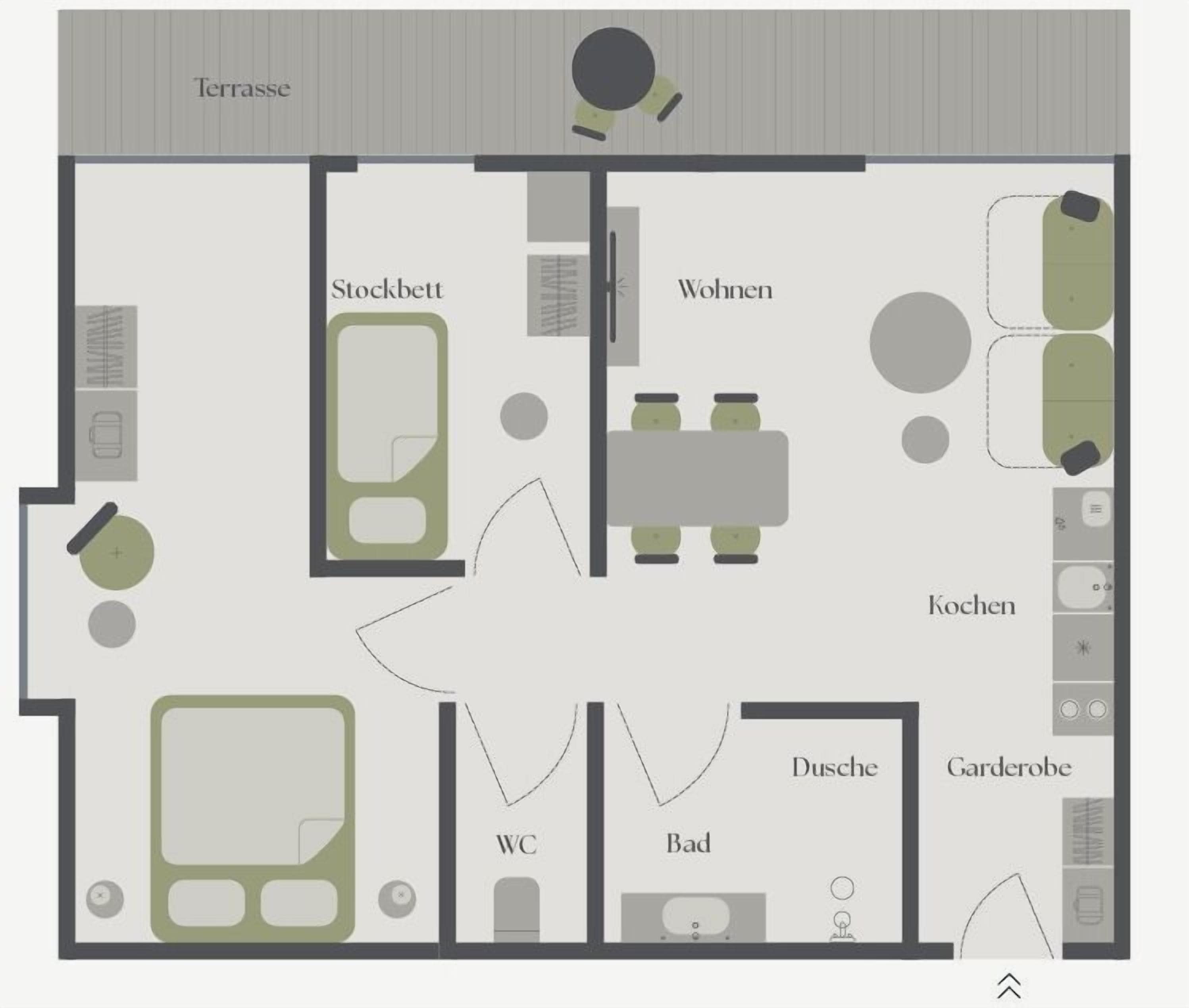 Distribución de un hotel con terraza, almacén, sala de estar, cocina, inodoro, baño y zona de jardín.