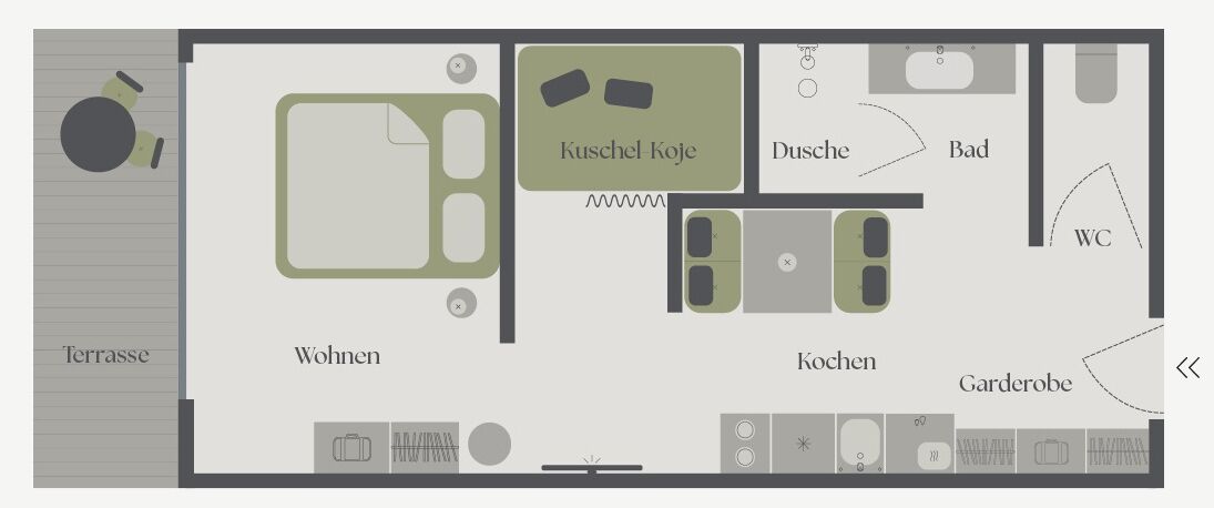 A floor plan with a living room, kitchen, bathroom, and terrace.