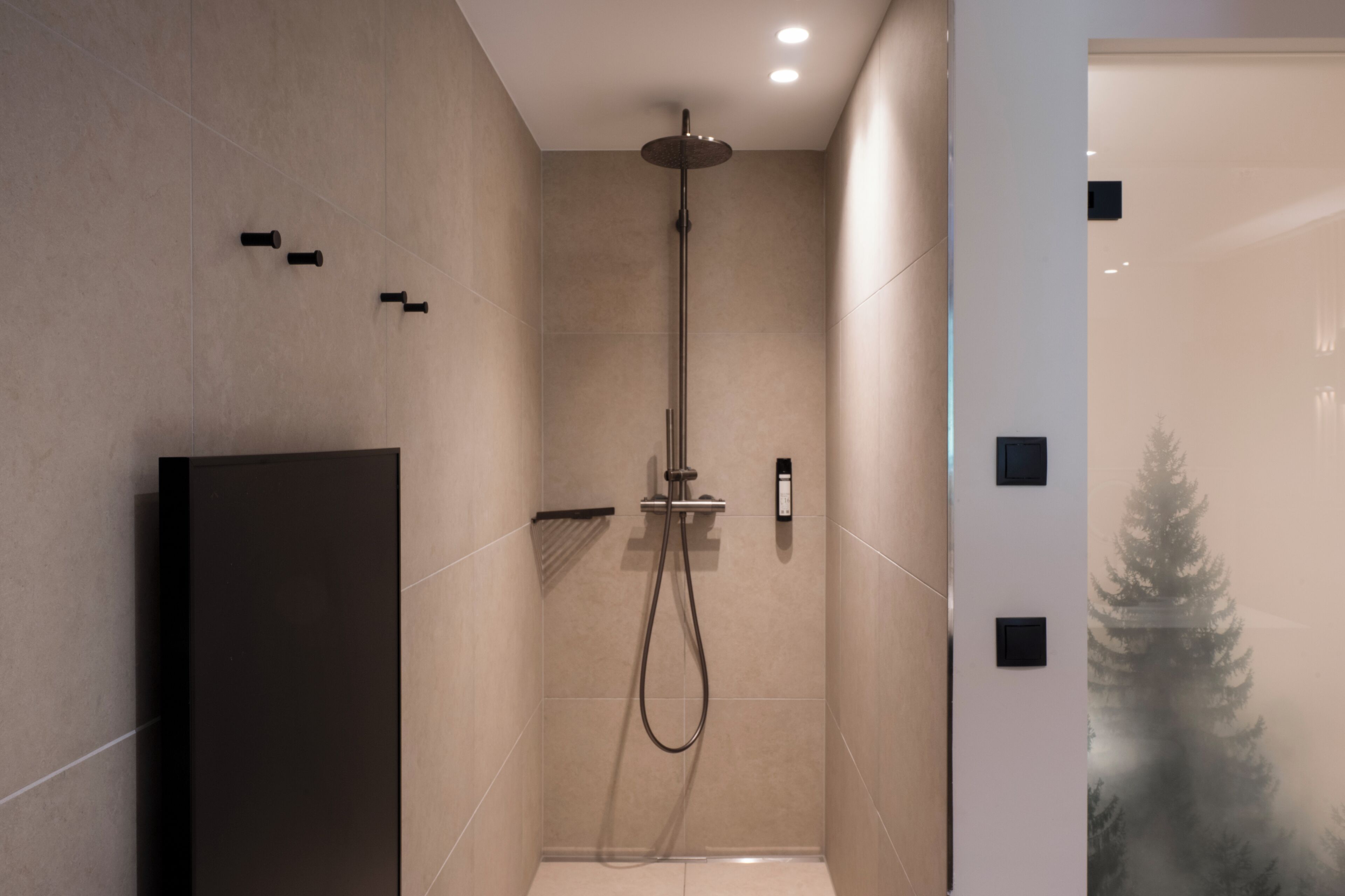 Une douche moderne dotée d’un pommeau de douche à main, d’un panneau de commande mural et d’une porte en verre donnant sur une salle de bain équipée d’un grand miroir et d’un meuble sombre.