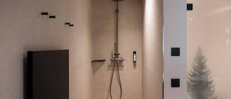 Une douche moderne dotée d’un pommeau de douche à main, d’un panneau de commande mural et d’une porte en verre donnant sur une salle de bain équipée d’un grand miroir et d’un meuble sombre.