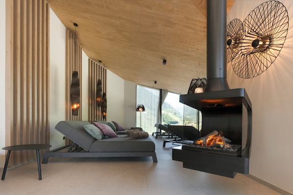 Una sala de estar moderna con un sofá, una chimenea y vistas al exterior.