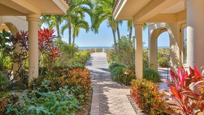A pathway leading to a beach with palm trees and tropical plants. - La Casa AMI Beachside-Beachfront Condo w/ Heated Pool, Hot tub & Garage Parking (Holmes Beach)