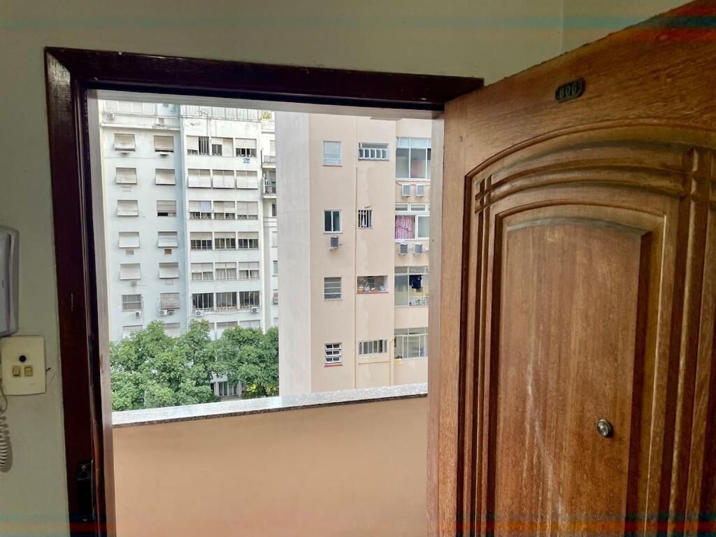 A view through a window with a wooden door to the right.