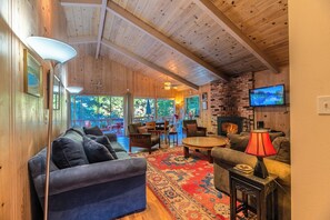 TV connectée, cheminée, livres