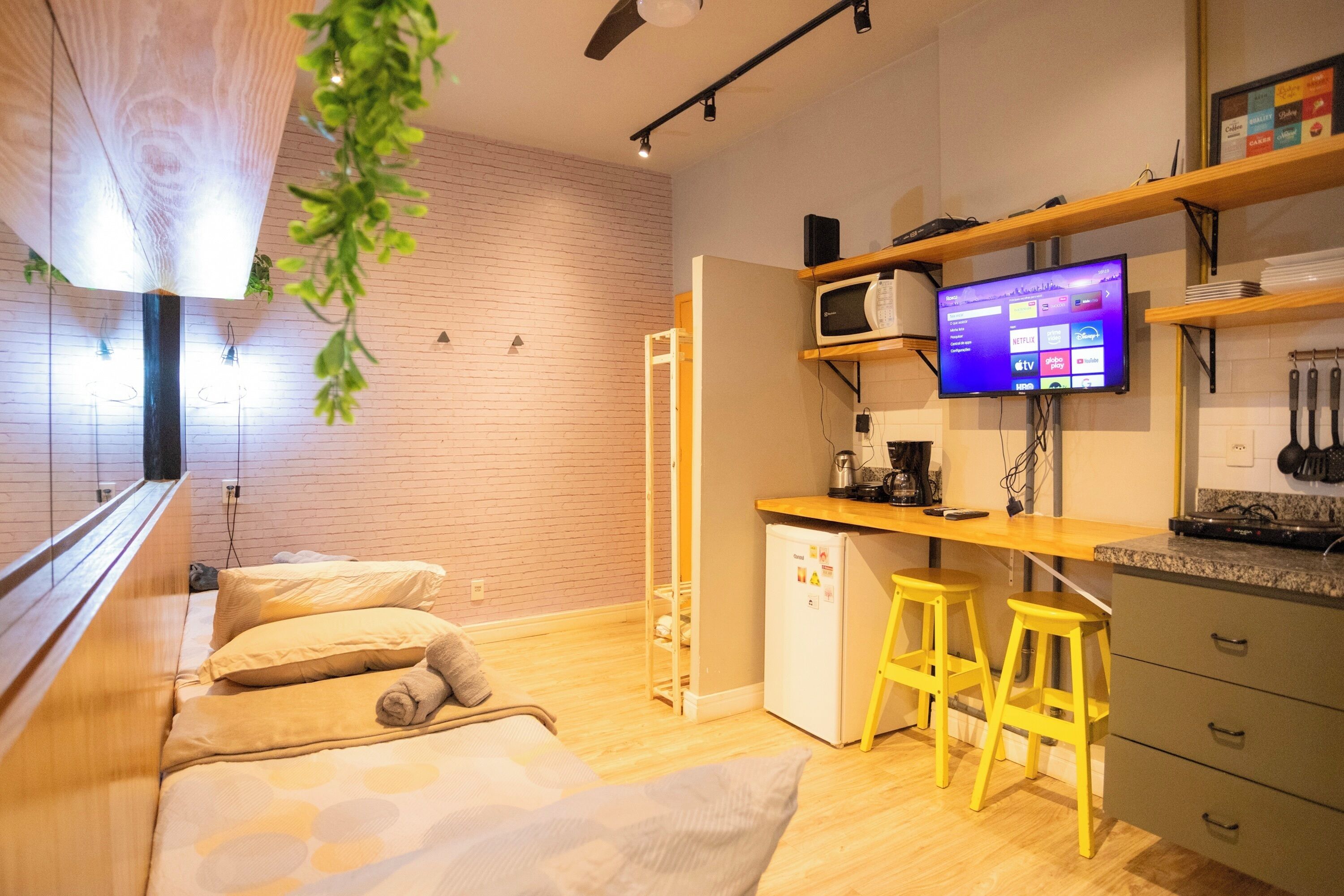 A compact room with a bed, a small kitchenette, a TV, and a plant.