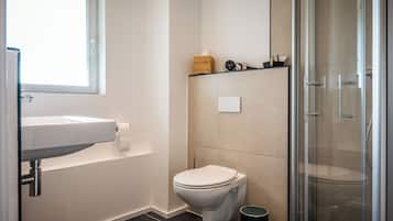 Un bagno moderno con un lavandino bianco, un water e un box doccia in vetro.