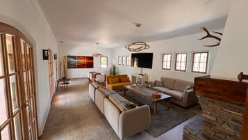 TV connectée, cheminée, livres, chaßne hi-fi