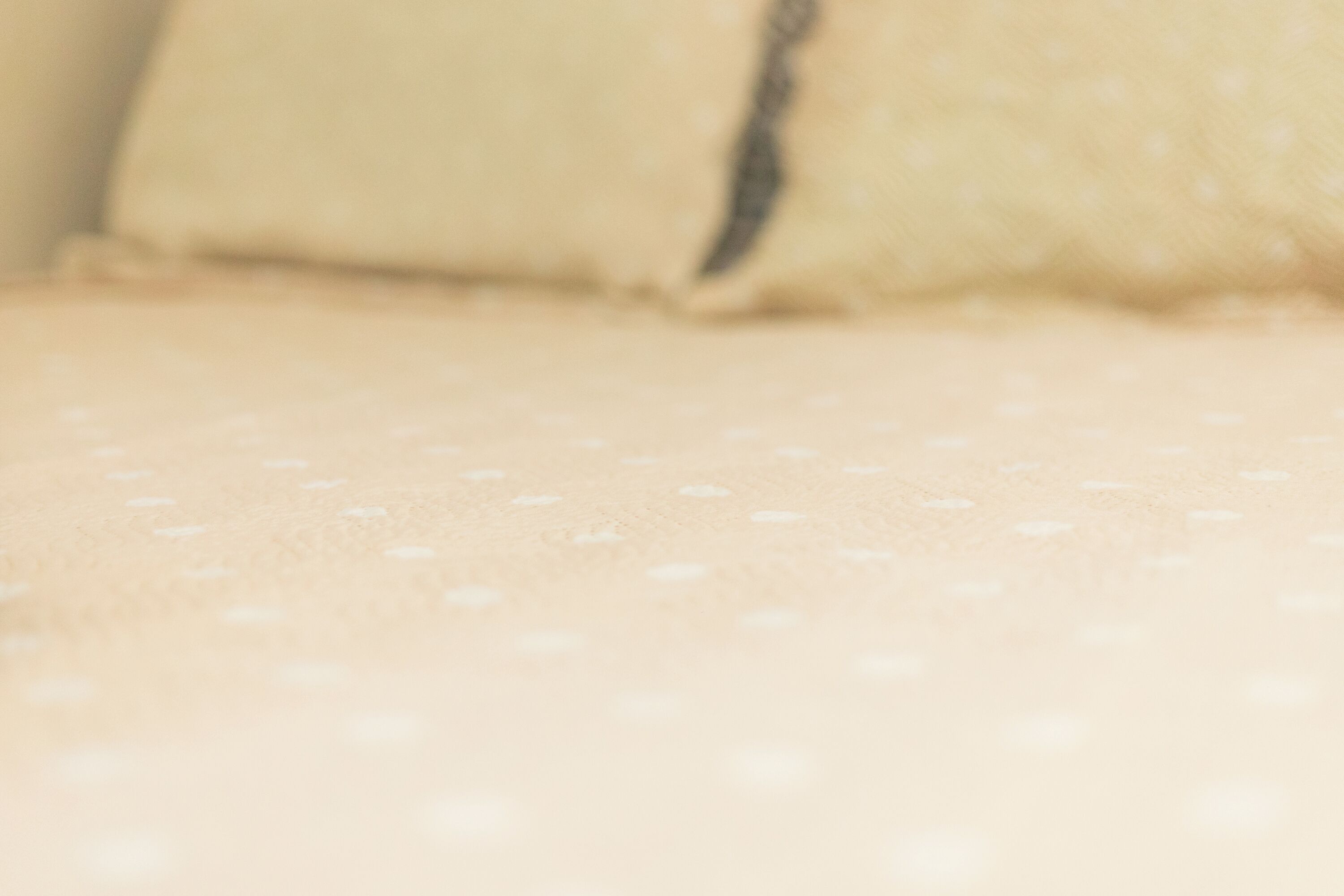 Primer plano de un sofá color beige con un estampado discreto.