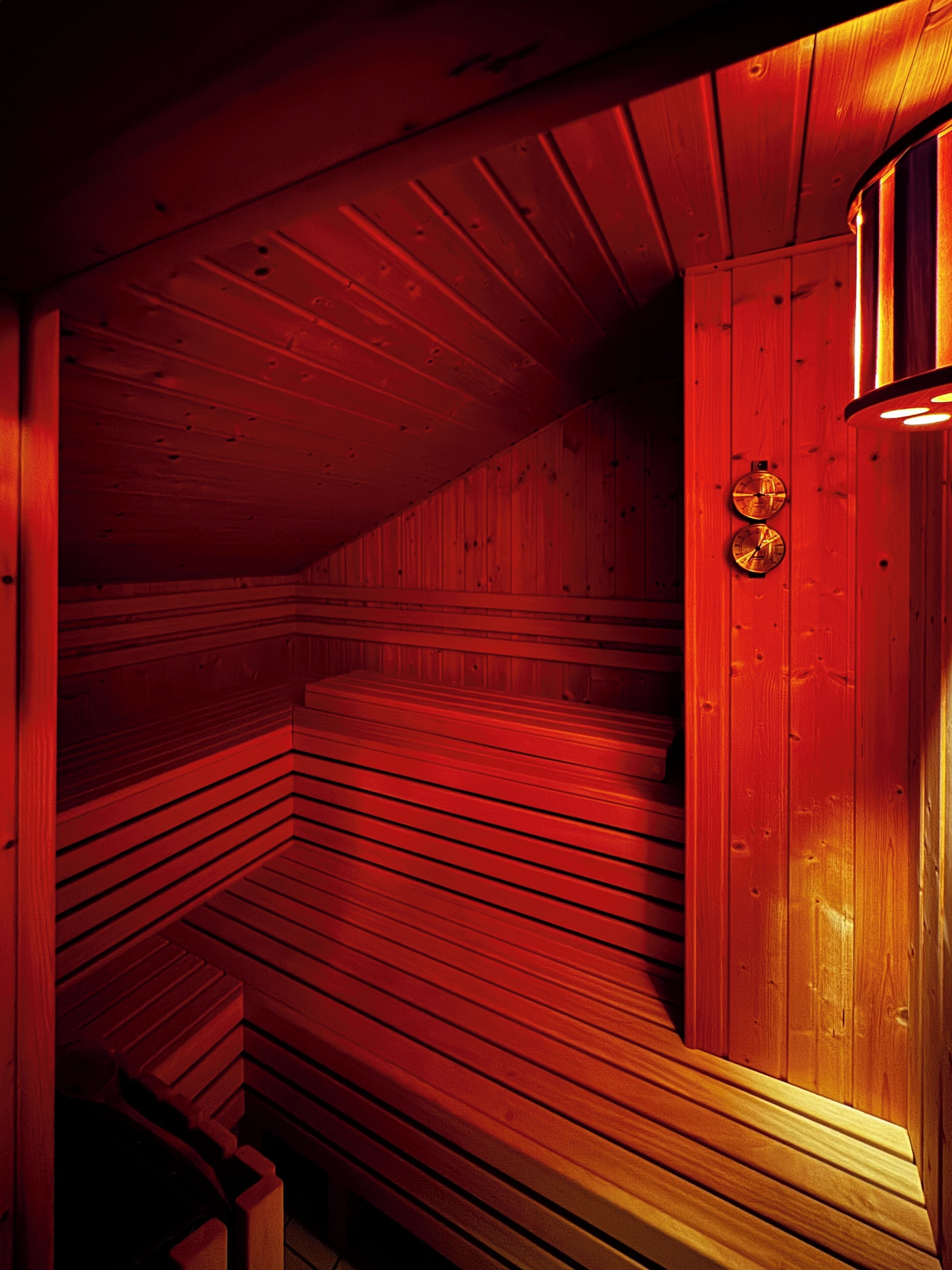 Una sauna amb parets i seients de fusta, un rellotge visible i una porta.
