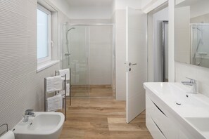 Shower, hair dryer, towels