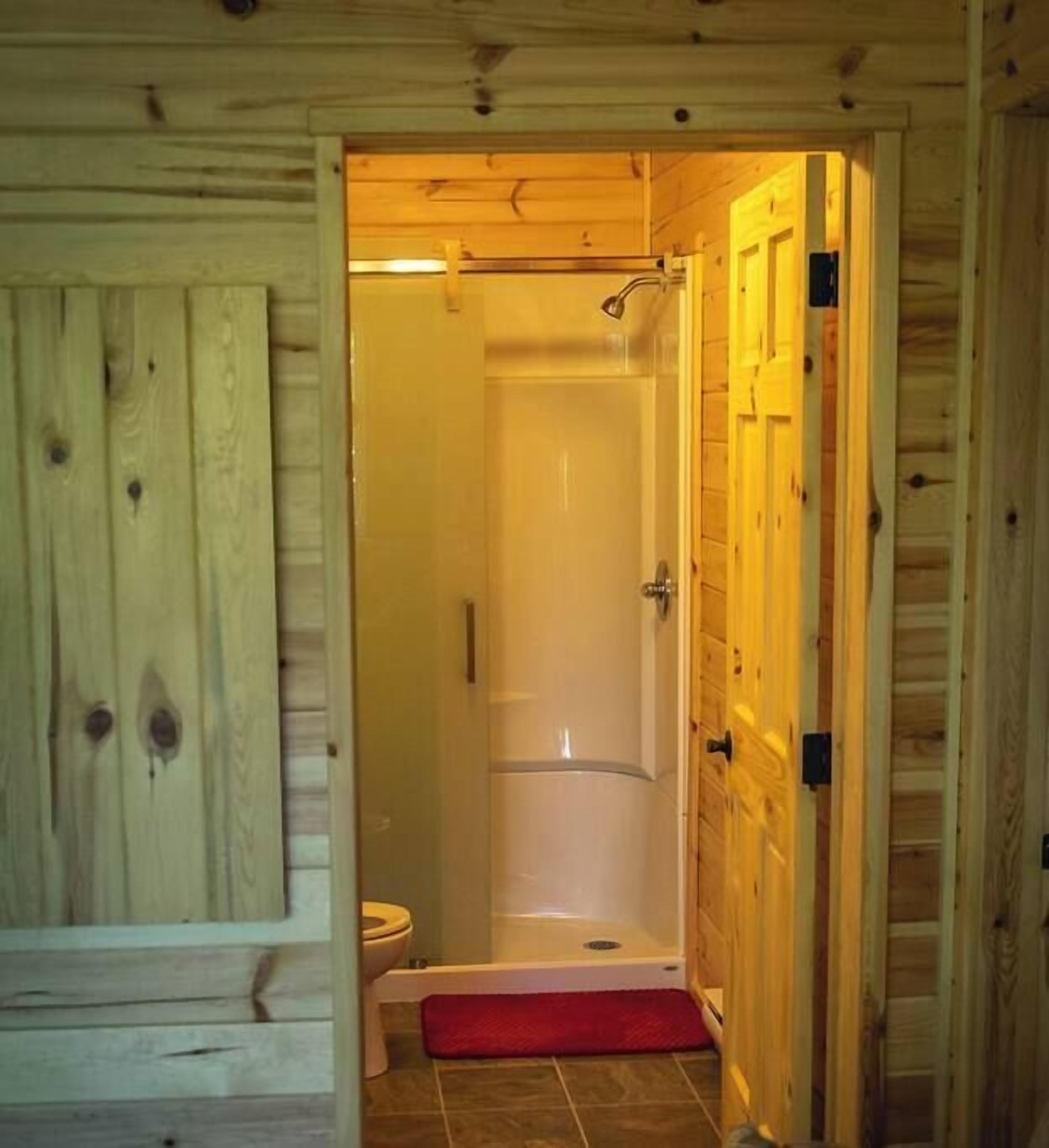 A wooden cabin bathroom with a shower, toilet, and a red mat.