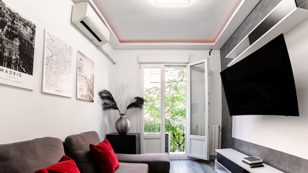 Un salón moderno con un sofá gris, cojines rojos, un televisor negro sobre una pared blanca y un jarrón con plumas de mispira.