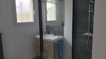 A modern bathroom with a glass shower enclosure, a white sink, and a mirror above it.