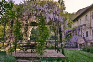 A garden with a wooden bench, a table, and a hanging light fixture.