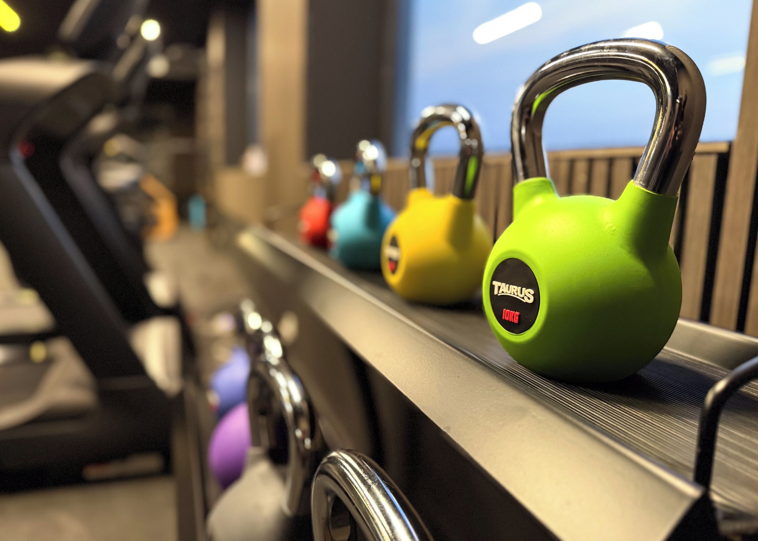 A row of kettlebells on a rack in a gym.