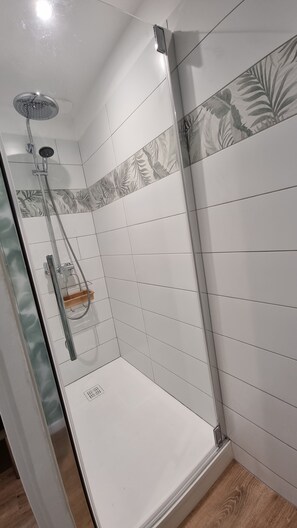 Dusche, Haartrockner, Handtücher, Seife