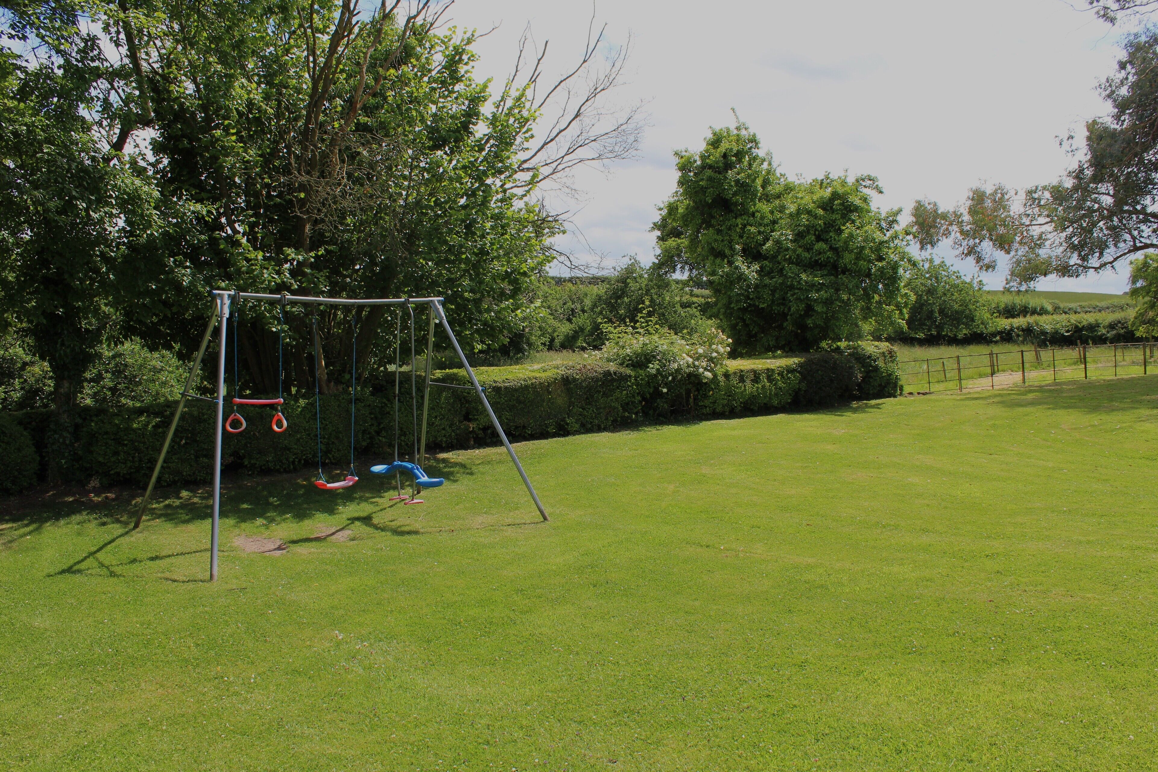A grassy outdoor area with a swing set and a fenced path.