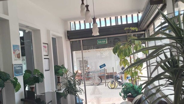 A reception area with a sofa, potted plants, and a glass door leading outside. - Hotel Paraiso Real (Cumbal)