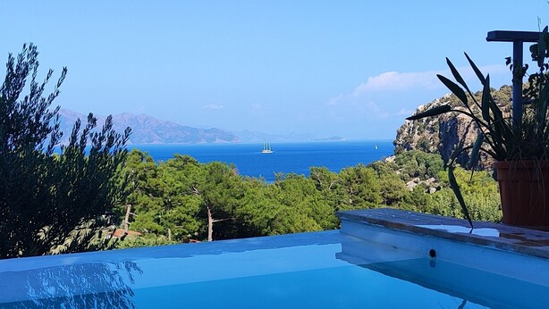 A clear blue swimming pool with a view of the sea and mountains in the background.