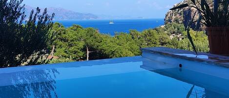 Alberca al aire libre por temporada y sombrillas en la alberca