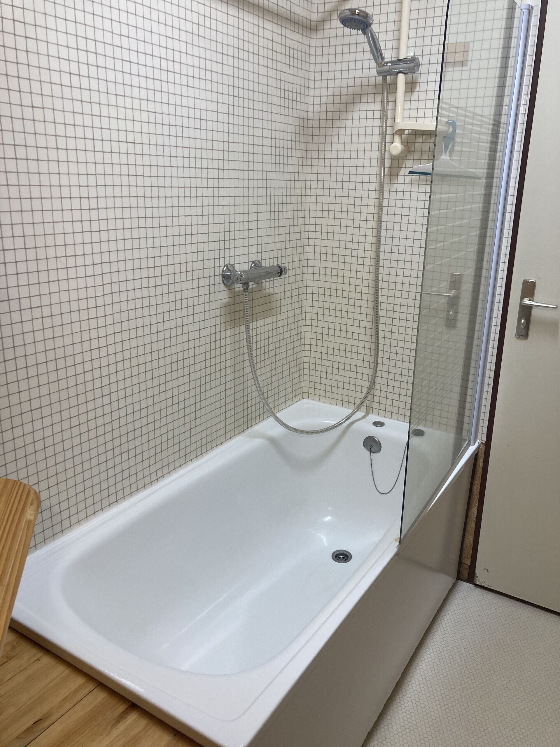 Une salle de bain équipée d’une baignoire, d’une douche et d’un espace de douche séparé par des parois en verre.