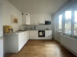 Apartamento superior, 2 camas individuales | Cocina privada | Frigorífico grande, microondas, horno y placa de cocina