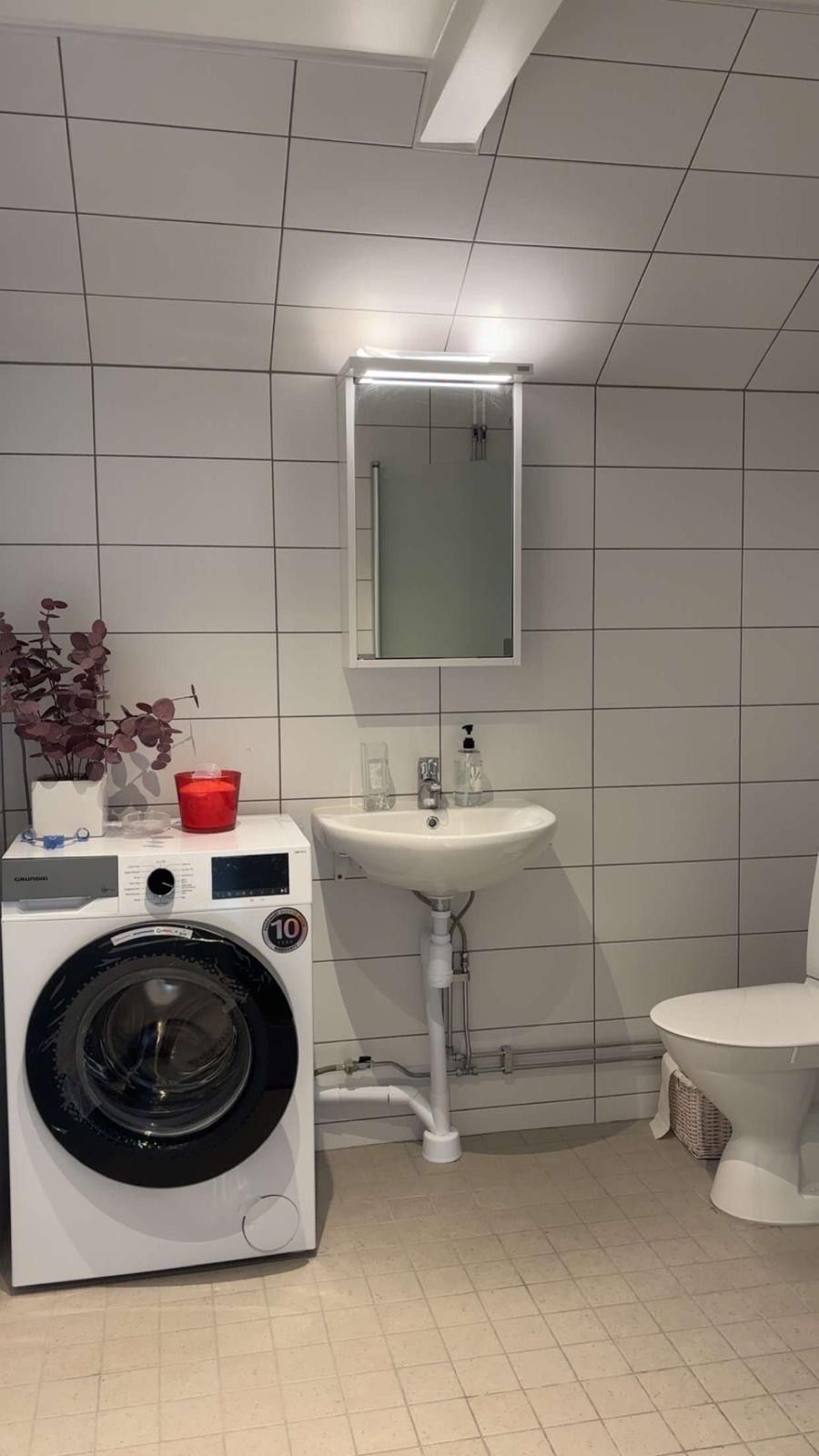 A compact bathroom with a washing machine, a sink, and a toilet.