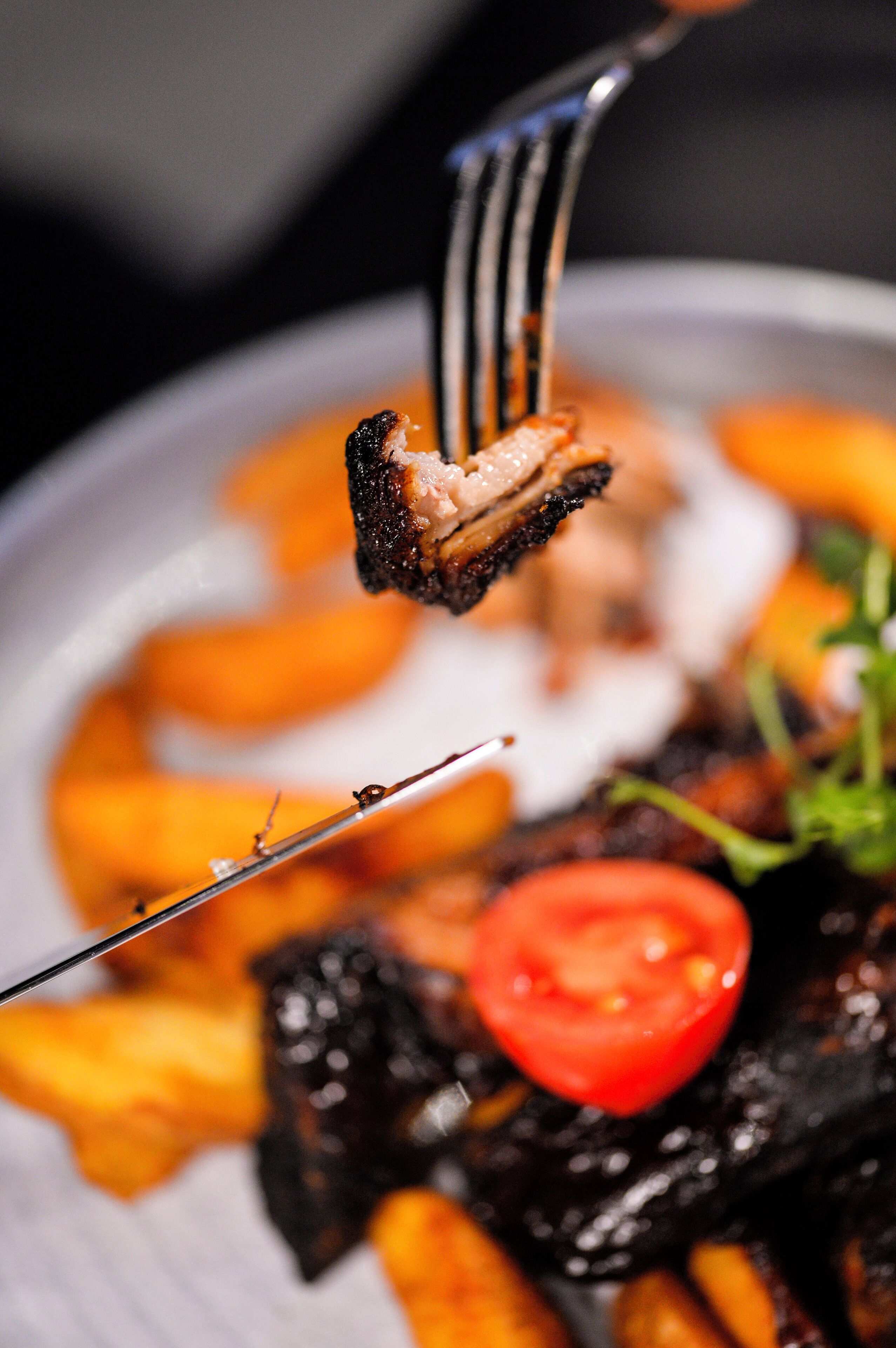 A close-up of a fork holding a piece of grilled meat with a charred exterior, accompanied by a slice of tomato and some fries on a plate.