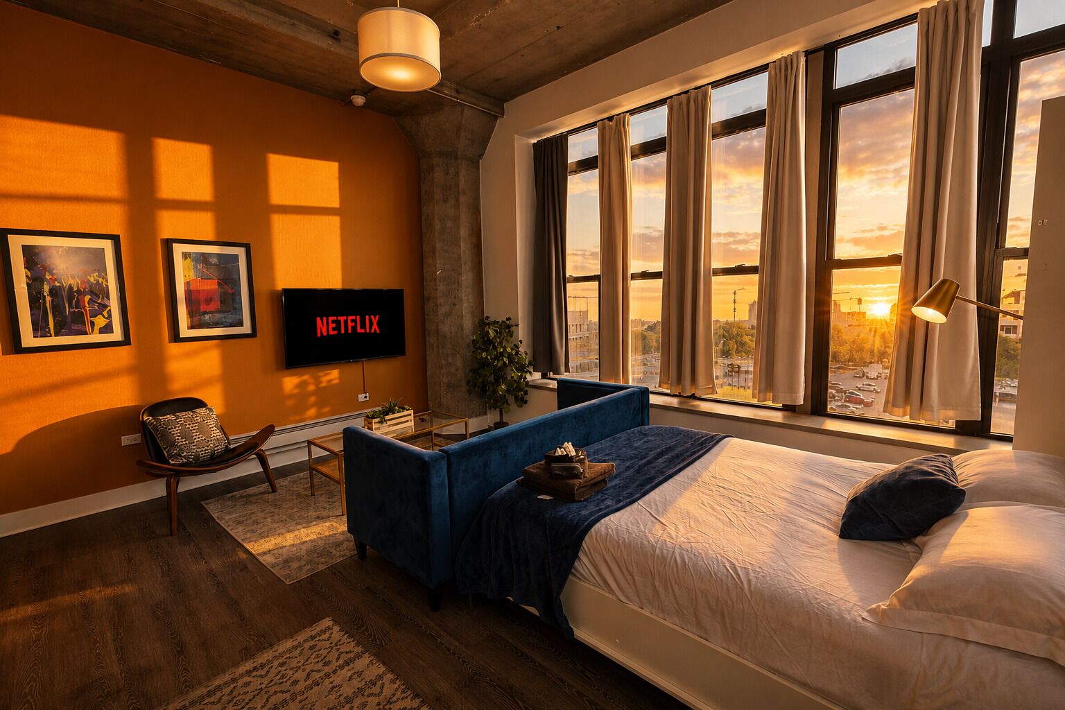 Une chambre moderne avec un grand lit, un canapé bleu, un téléviseur affichant le logo « NETFLIX », et une vue sur la ville à travers de grandes fenêtres.
