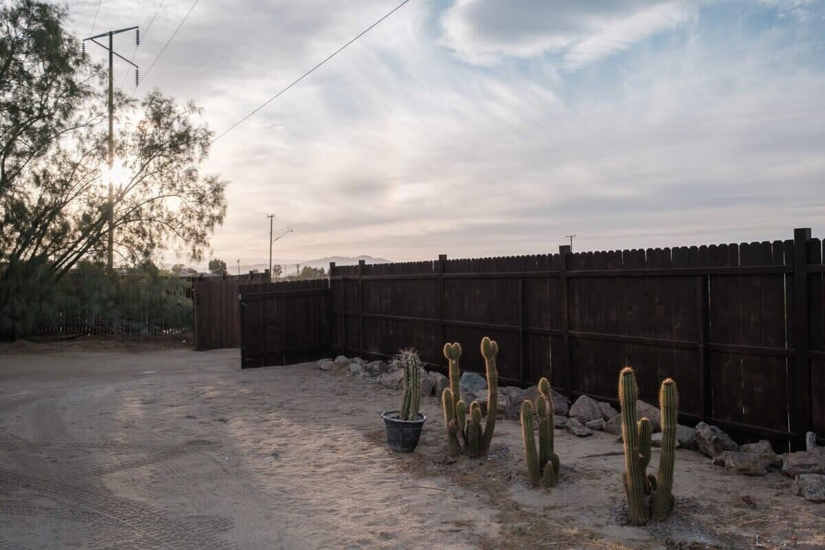 Paisaje desértico con una cerca de madera, cactus y una carretera pavimentada.