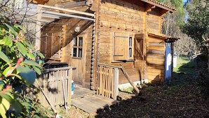 Une cabane en bois rustique, dotée d’une véranda, de grandes fenêtres et d’une cheminée.