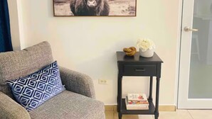 A living room with a grey sofa, a patterned pillow, a framed picture of a yak, a small black side table with a vase and books, and a door in the background. - 4 people, 2 Full beds (bunk beds), AC, 1 bedroom, bathroom and kitchen. (San Juan)
