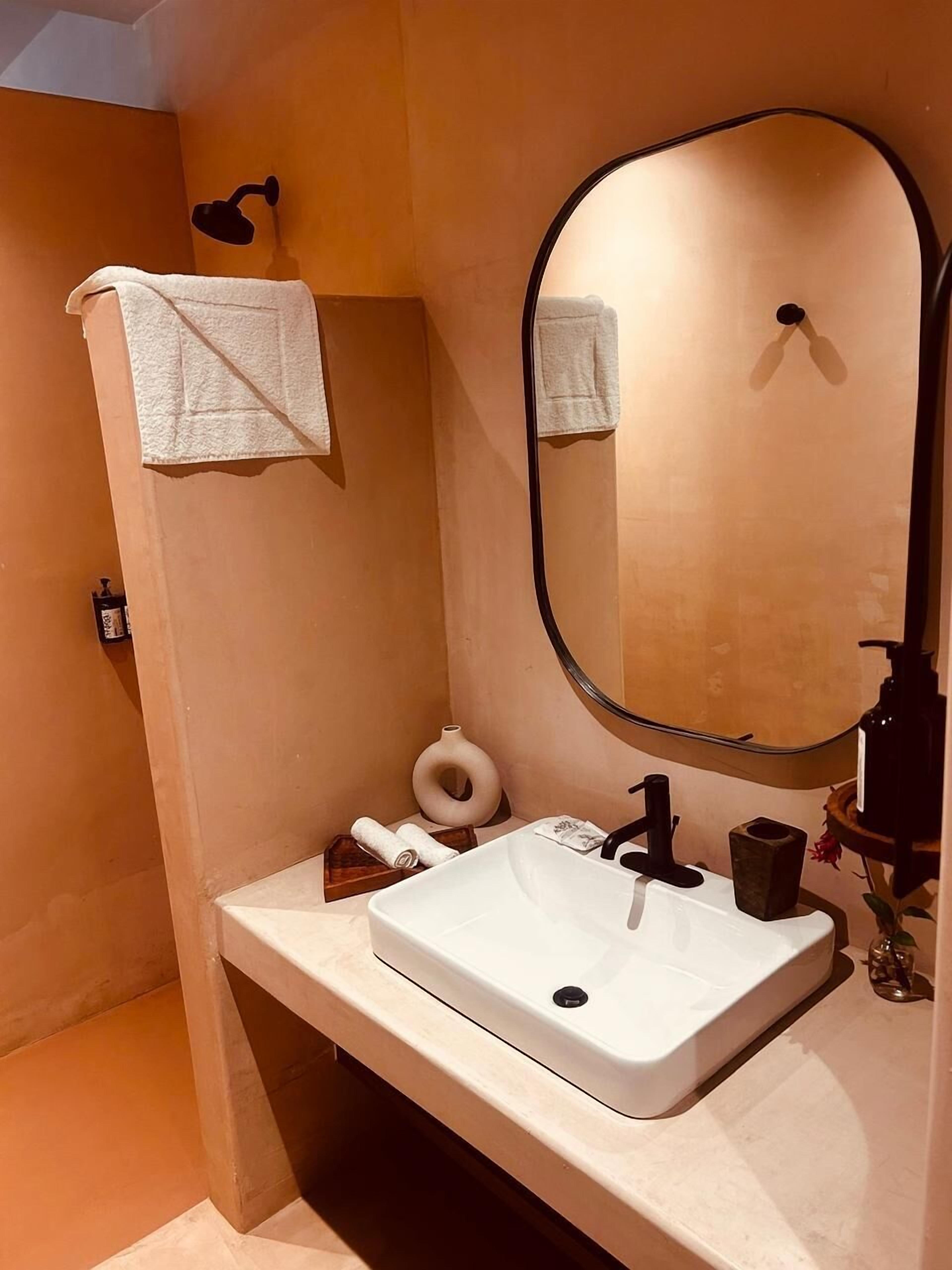 A bathroom with a white sink, a mirror, a towel, and a shower head.