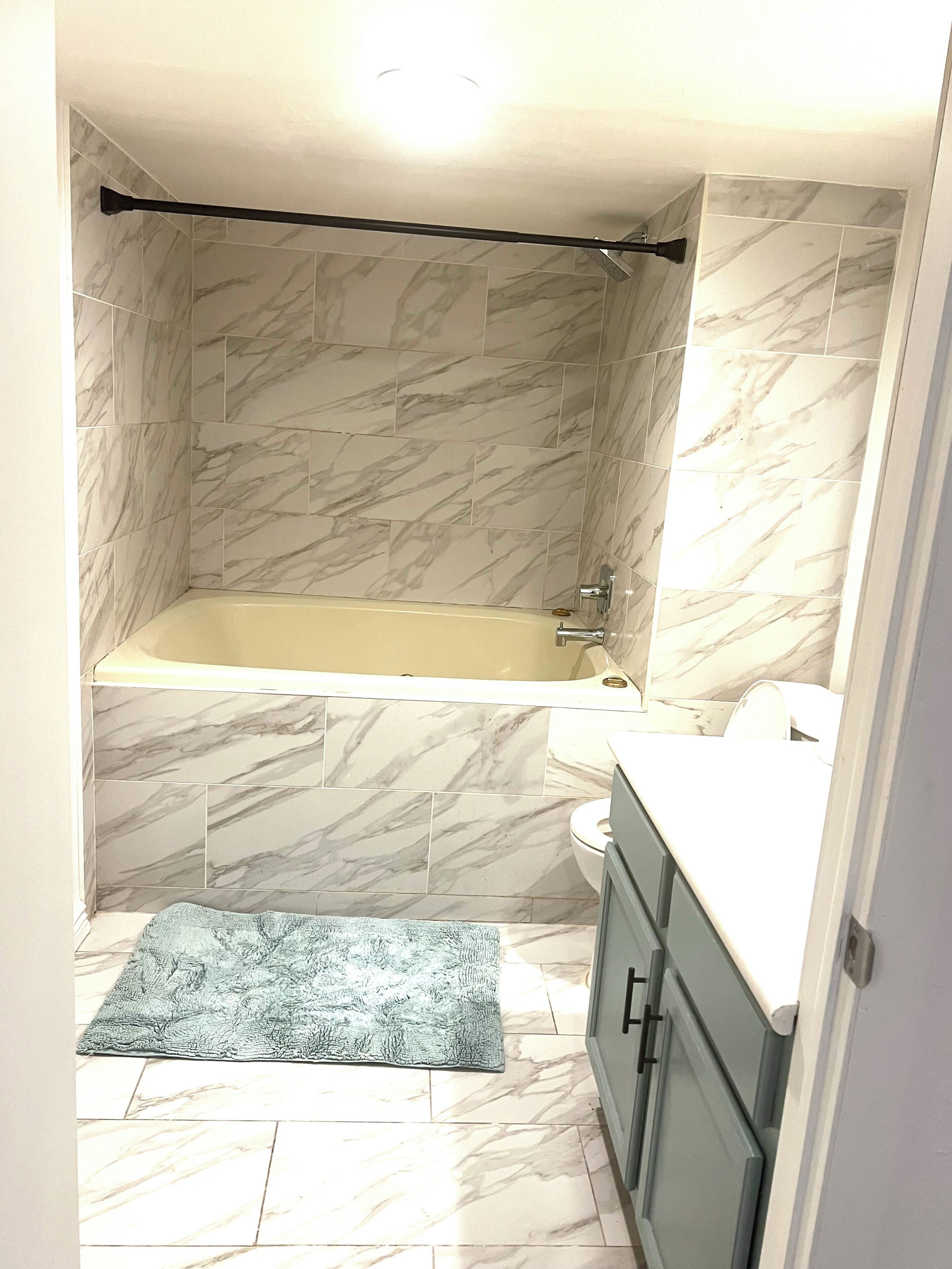 Hair dryer, towels, soap, toilet paper