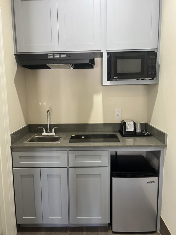 Habitación individual Elite, cocineta | Cocineta privada | Refrigerador y microondas 