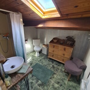 Dusche, Haartrockner, Handtücher, Toilettenpapier