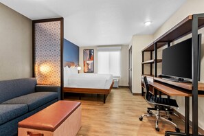Una habitación de hotel con una cama, un sofá, un escritorio con una computadora y un televisor.