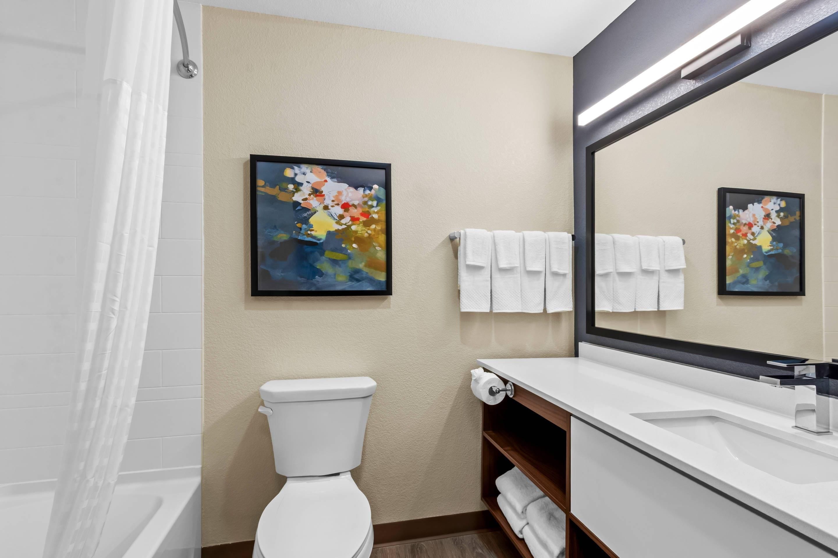 A modern bathroom with a toilet, sink, and shower. There are two framed artworks on the wall and a large mirror above the sink.