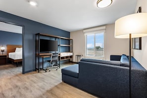 Desk, laptop workspace, blackout curtains, soundproofing
