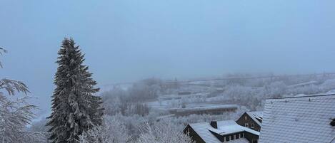A snow-covered landscape with buildings and a bridge in the background.