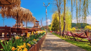A pathway lined with wooden planters of yellow flowers, a thatched-roof structure, and hammocks. - Windmills Resort (Gorna Malina)