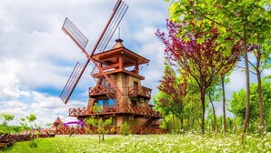 A windmill with a wooden structure and a stone base, surrounded by a field of white flowers and trees with green and red leaves. - Windmills Resort (Gorna Malina)