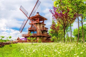 Un molino de viento con estructura de madera y base de piedra, rodeado por un campo de flores blancas y árboles de hojas verdes y rojas.