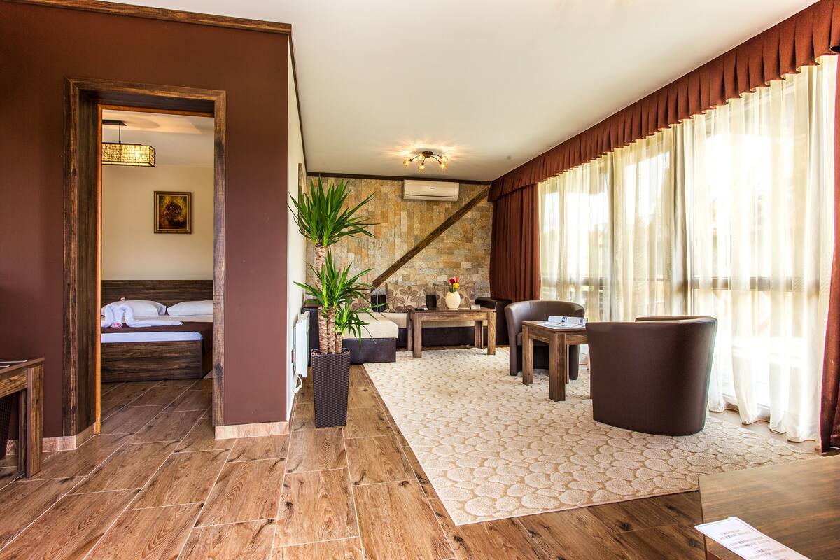 A hotel room with a bed, a sitting area with a table and chairs, a potted plant, and a large window with curtains.
