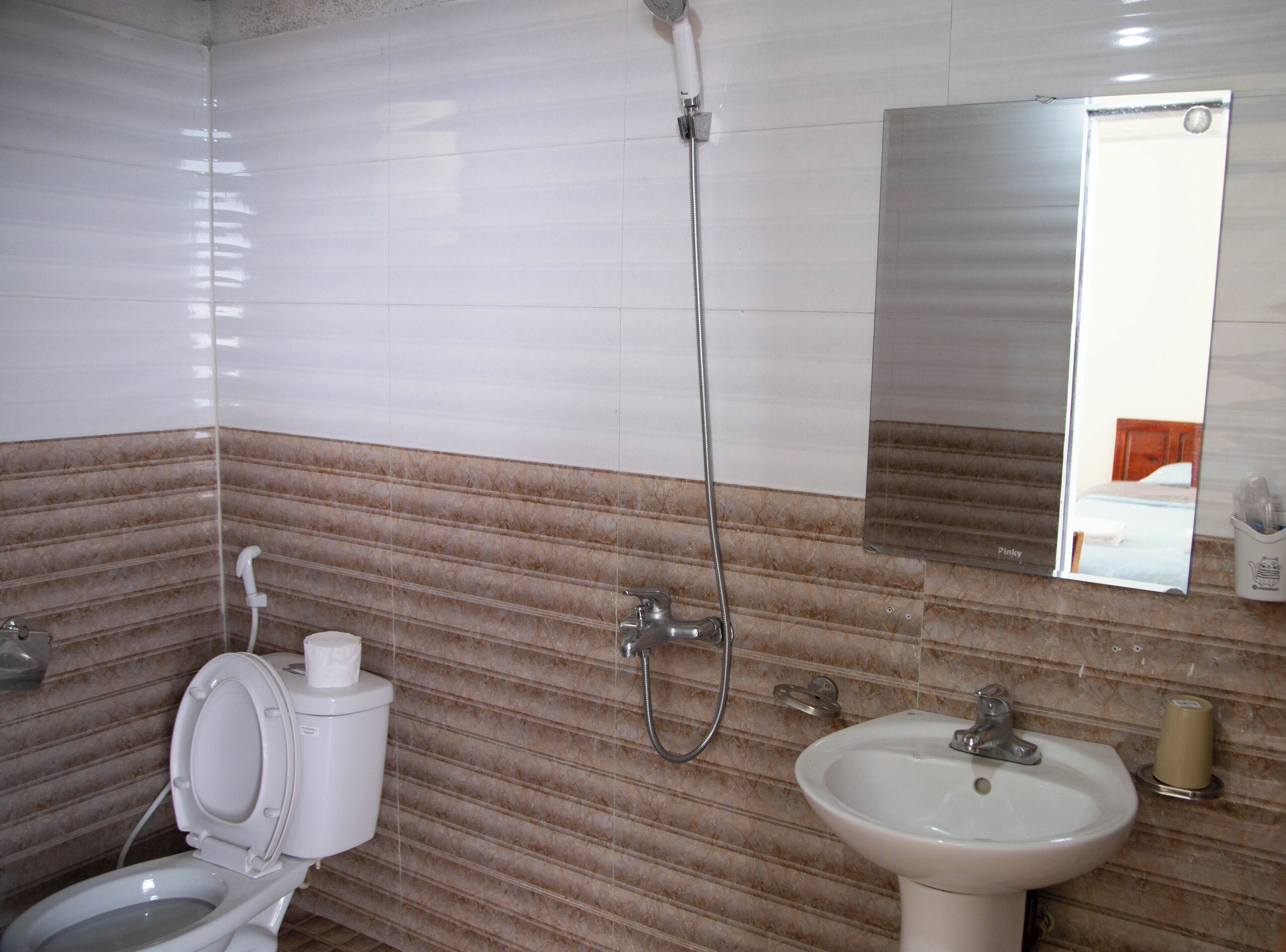 A bathroom with a toilet, a sink, a shower, and a mirror.
