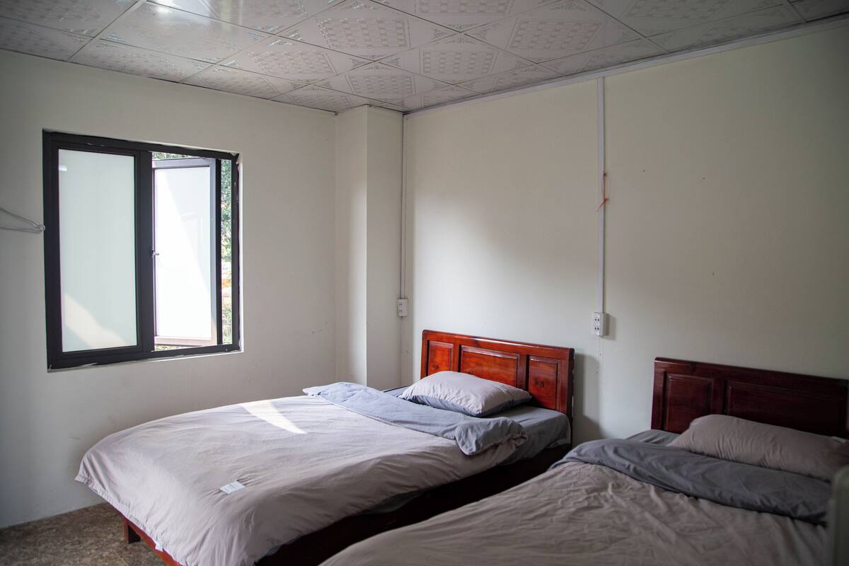 A room with two beds, a window, and a ceiling with a grid pattern.